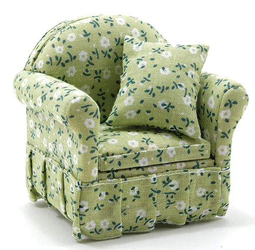 Dollhouse Miniature Chair with Green Floral Fabric